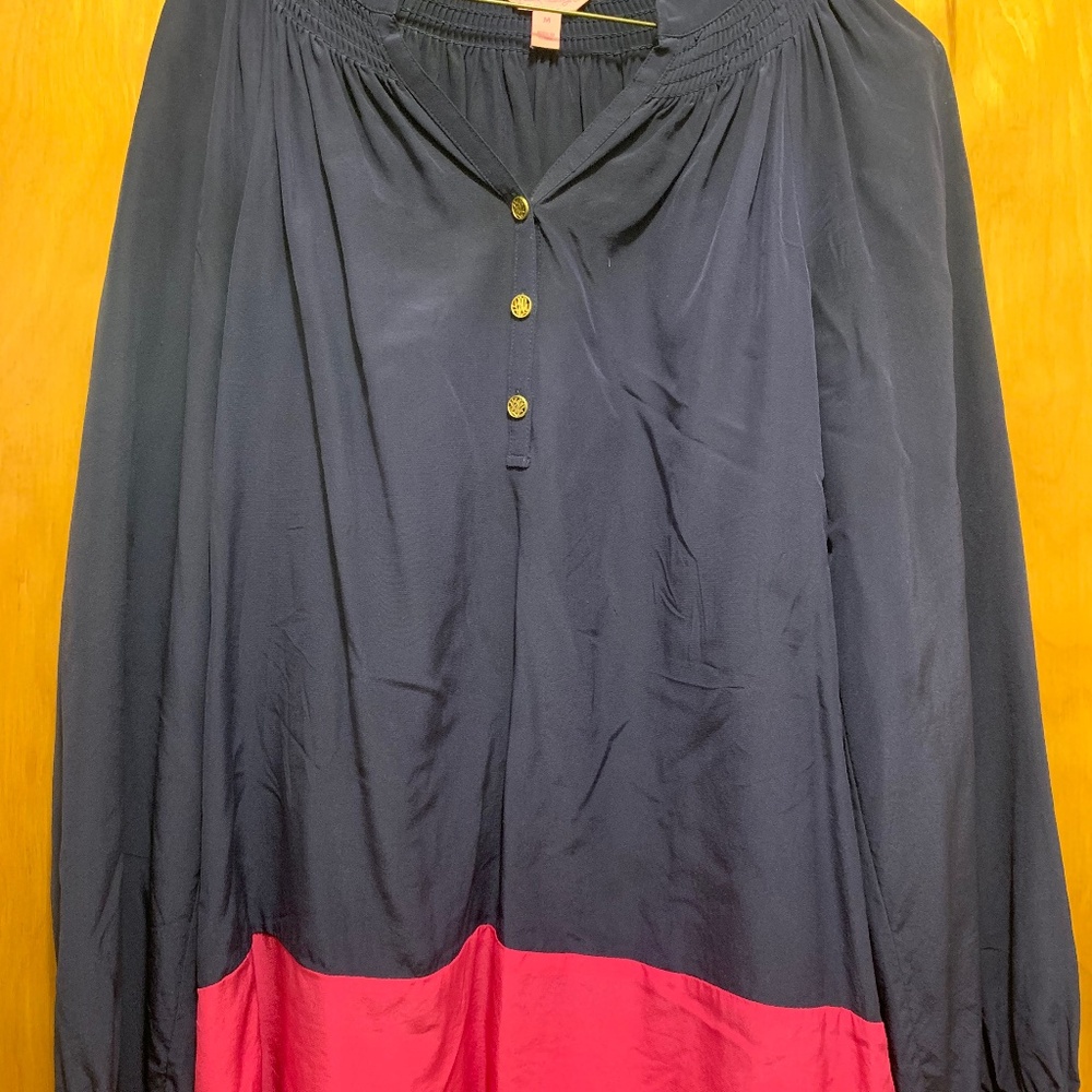 Lilly Pulitzer Navy & Pink Silk Longsleeve Top Size M